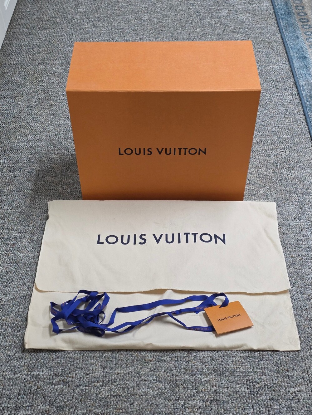 Authentic Louis Vuitton Orange Gift Box with Dust Bag & Blue Ribbon